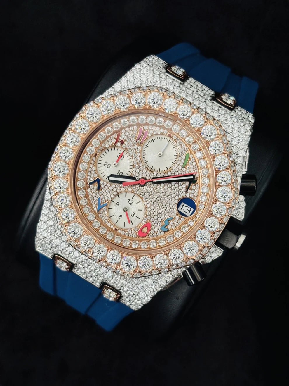 Rose Gold Plated Colorful Arabic Number Moissanite Watch