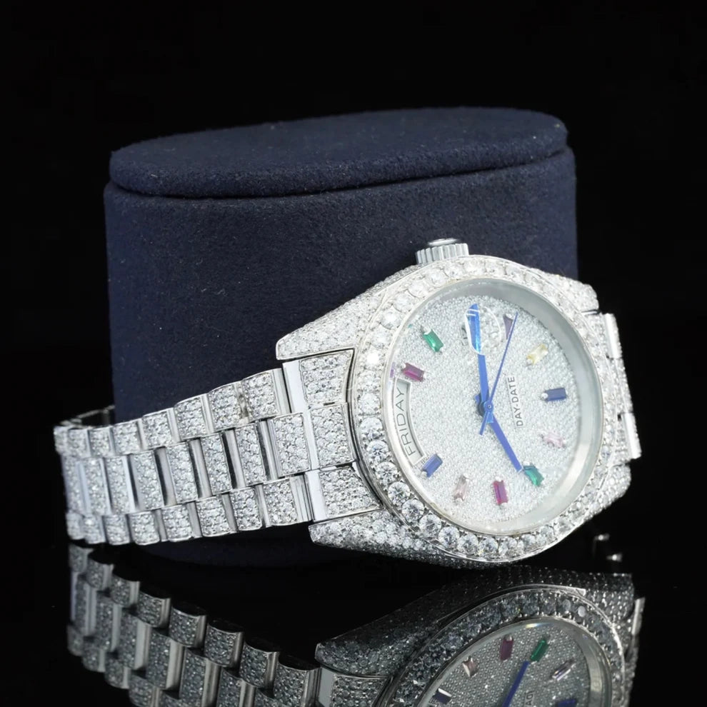 Stainless Steel Fully Iced Out Colorful Bar Diamond Baguette Watch