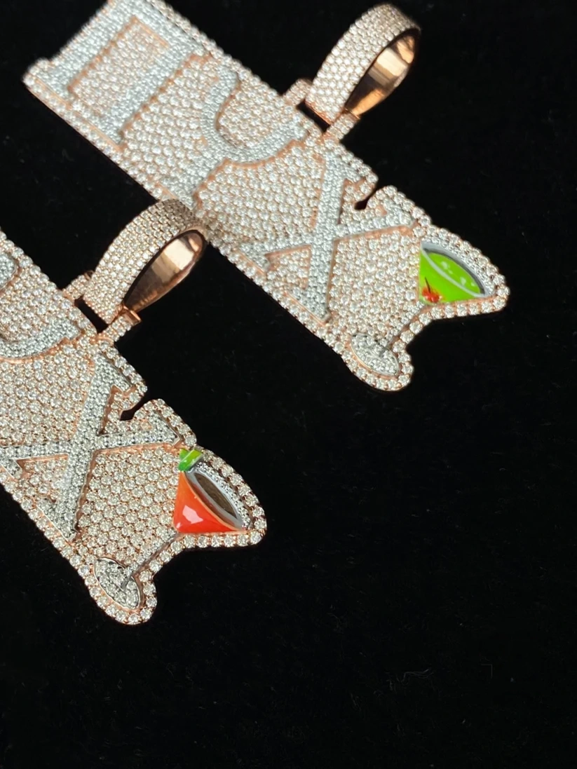 Custom iced out initial name pendant in rose gold with colorful enamel