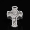front view of the Intricate diamond-encrusted silver ring shaped like a cross with a relief carving of Jesus