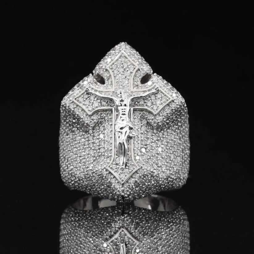 front view of the Diamond-encrusted Jesus crucifix cross ring