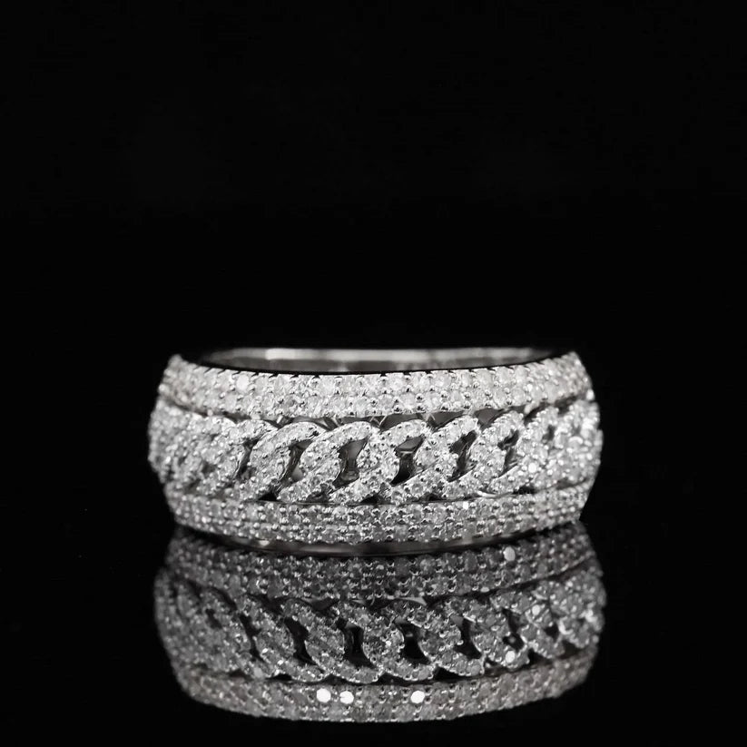 Men's white gold Cuban link ring iced out with round diamond pavé bands