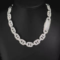 Iced out silver mariner link chain necklace with pave diamonds and large lock clasp