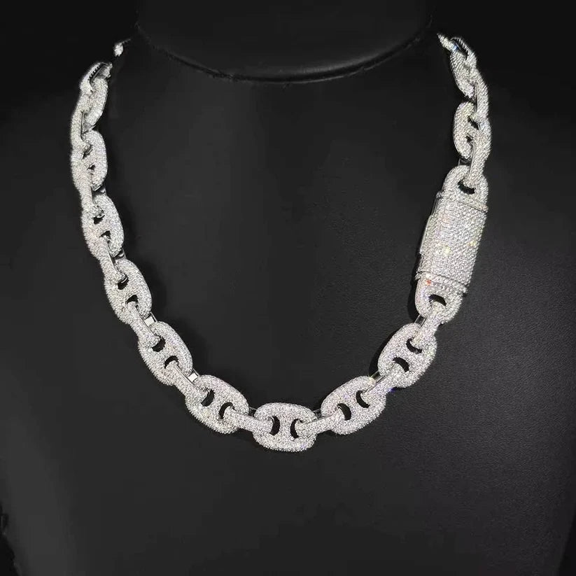 Iced out silver mariner link chain necklace with pave diamonds and large lock clasp