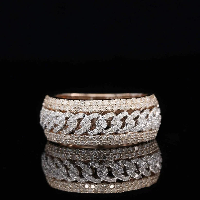 Men's rose gold Cuban link ring iced out with round diamond pavé bands