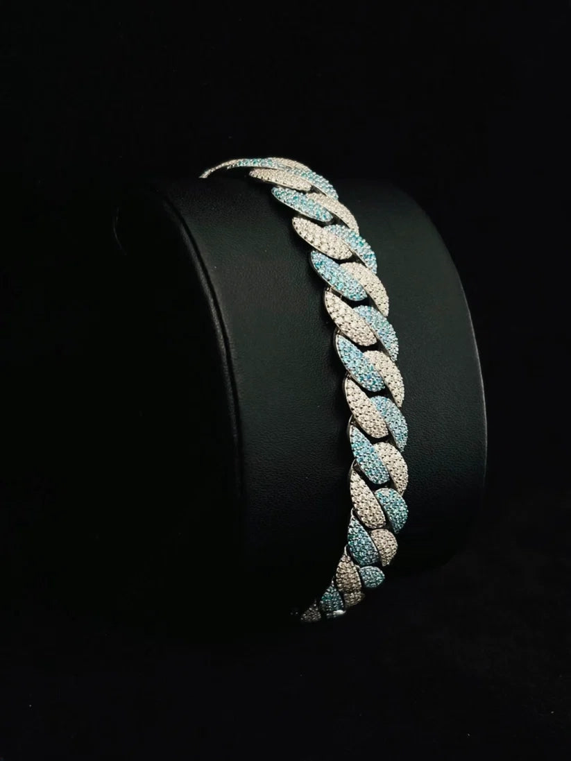 Iced out Miami Cuban link bracelet with blue accent stones and diamond box clasp hip hop jewelry