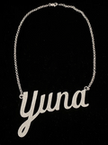 front view Custom silver Yuna name necklace with pavé diamond script script pendant.