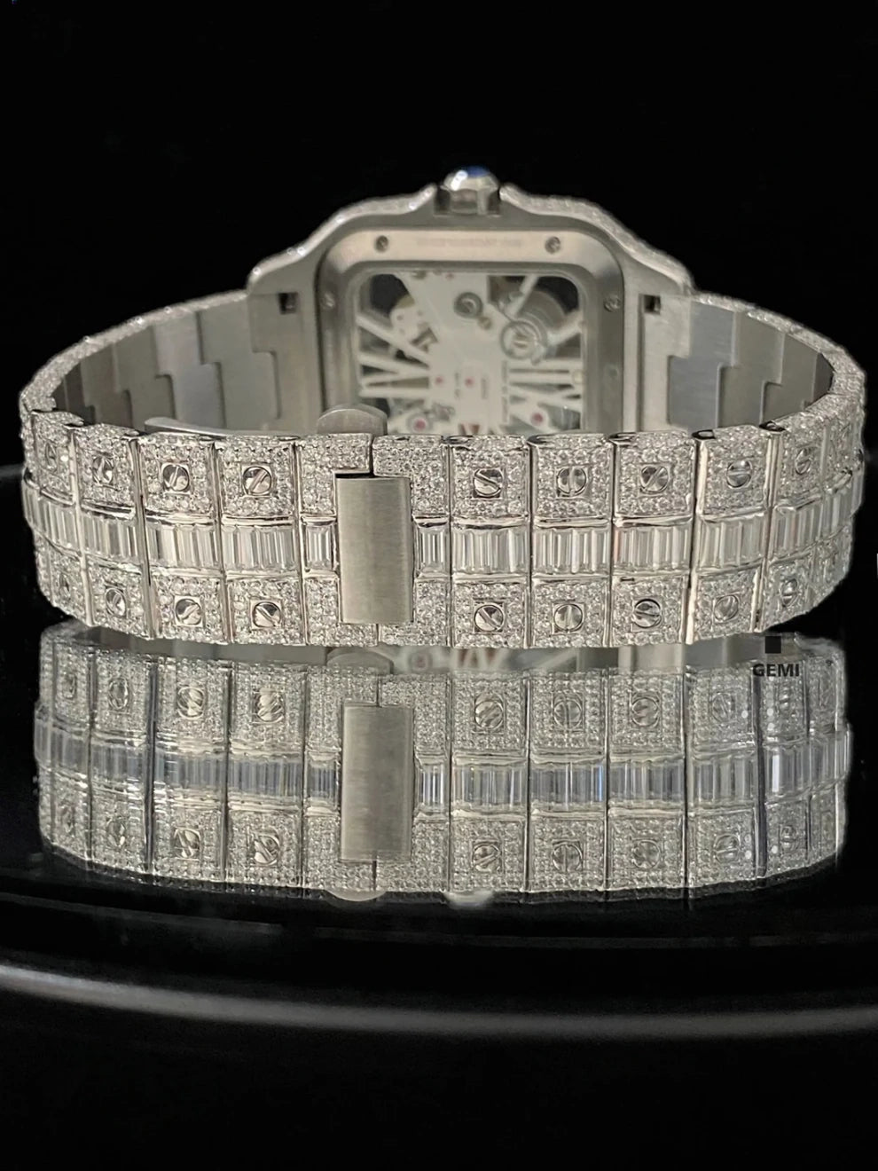 Fully Iced Out Skeleton Dial Baguette Diamond Moissanite Watch