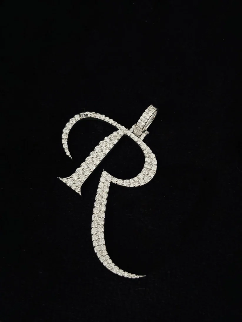 Cursive letter R diamond pendant necklace charm in 14k white gold