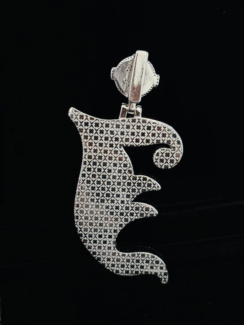 Iced out Old English letter E pendant in sterling silver studded with sparkling moissanite stones