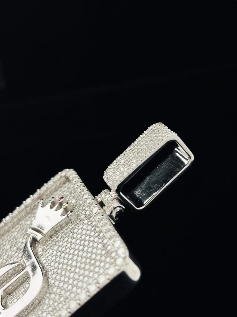 Iced out hip hop pendant with crown and initial letter in sterling silver
