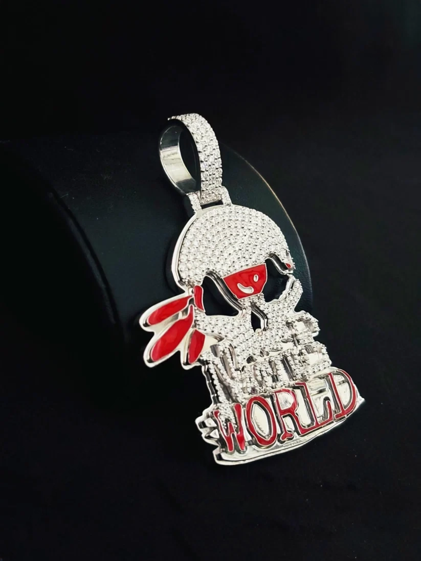 side view Iced-out hip-hop skull pendant in silver with micro-paved moissanite stones and red enamel detailing