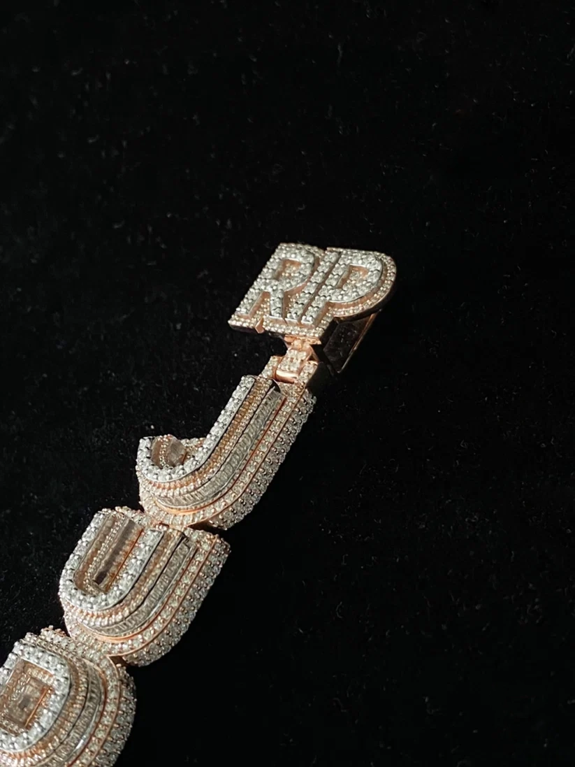 Custom vertical RIP J-U-D-Y diamond letter pendant