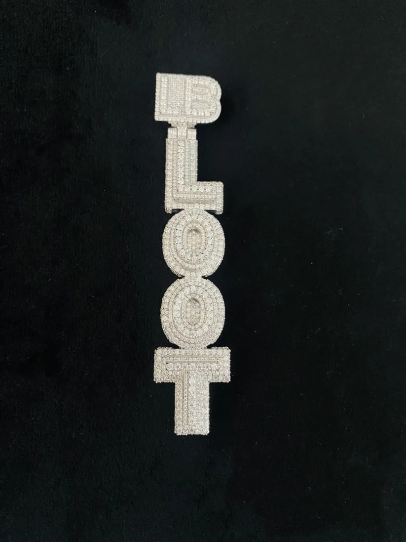 front view Custom vertical diamond pendant spelling HB LOOT in white gold
