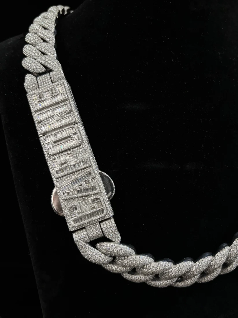 White gold diamond Cuban link necklace with custom name bar lock