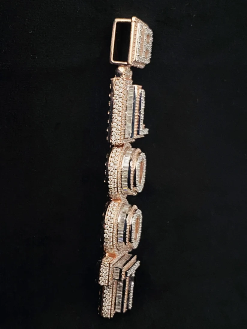 Custom vertical baguette diamond name pendant in rose gold, iced out LOYAL letter necklace charm