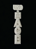 front view A vertical rhinestone-embellished letter patch spelling 'UNC MADE' in white on a solid black background