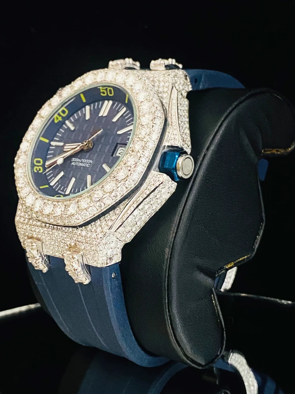 Dark Royal Blue Silicon Rubber Strap Bezel Dial Moissanite Watch