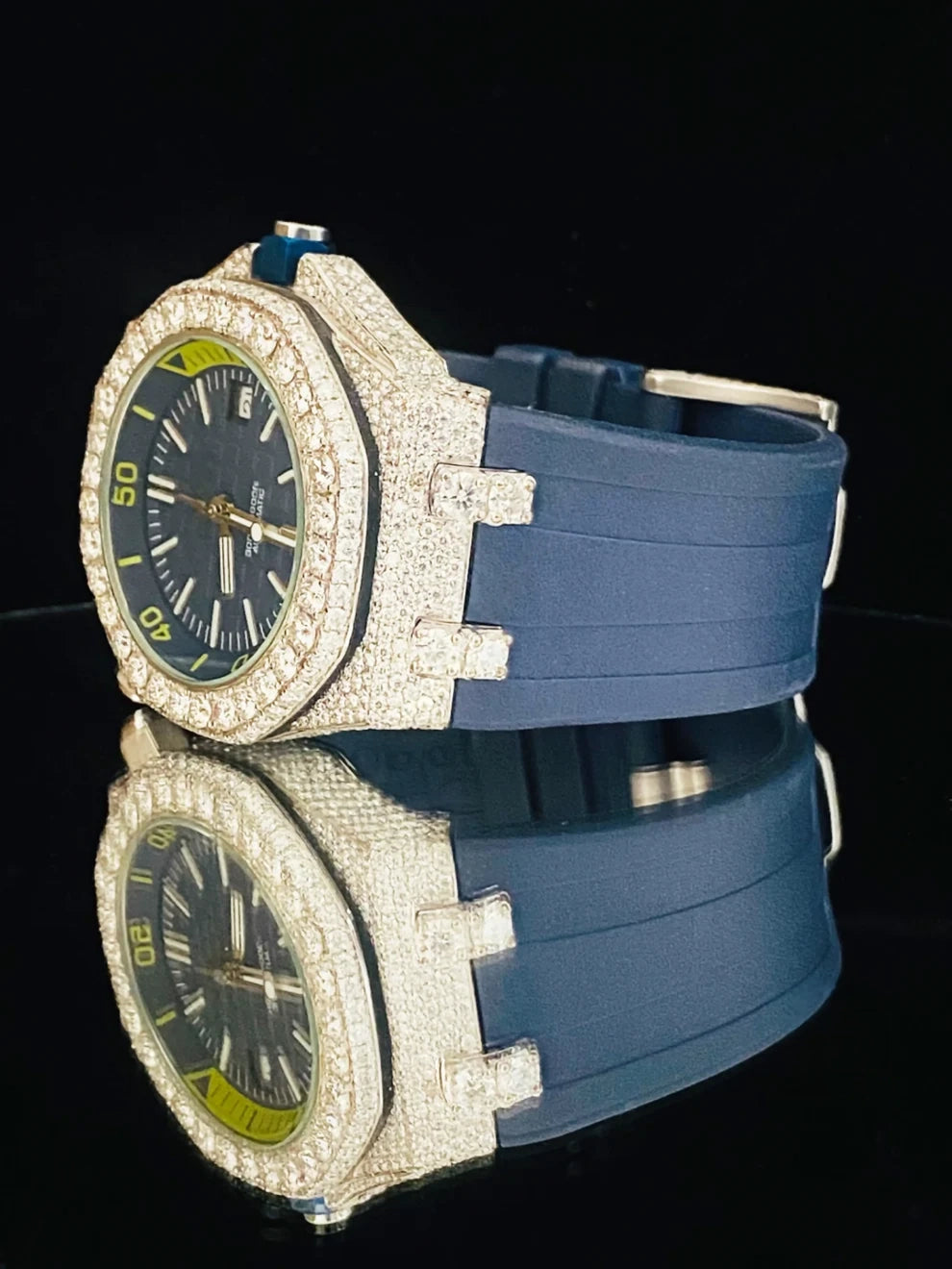 Dark Royal Blue Silicon Rubber Strap Bezel Dial Moissanite Watch