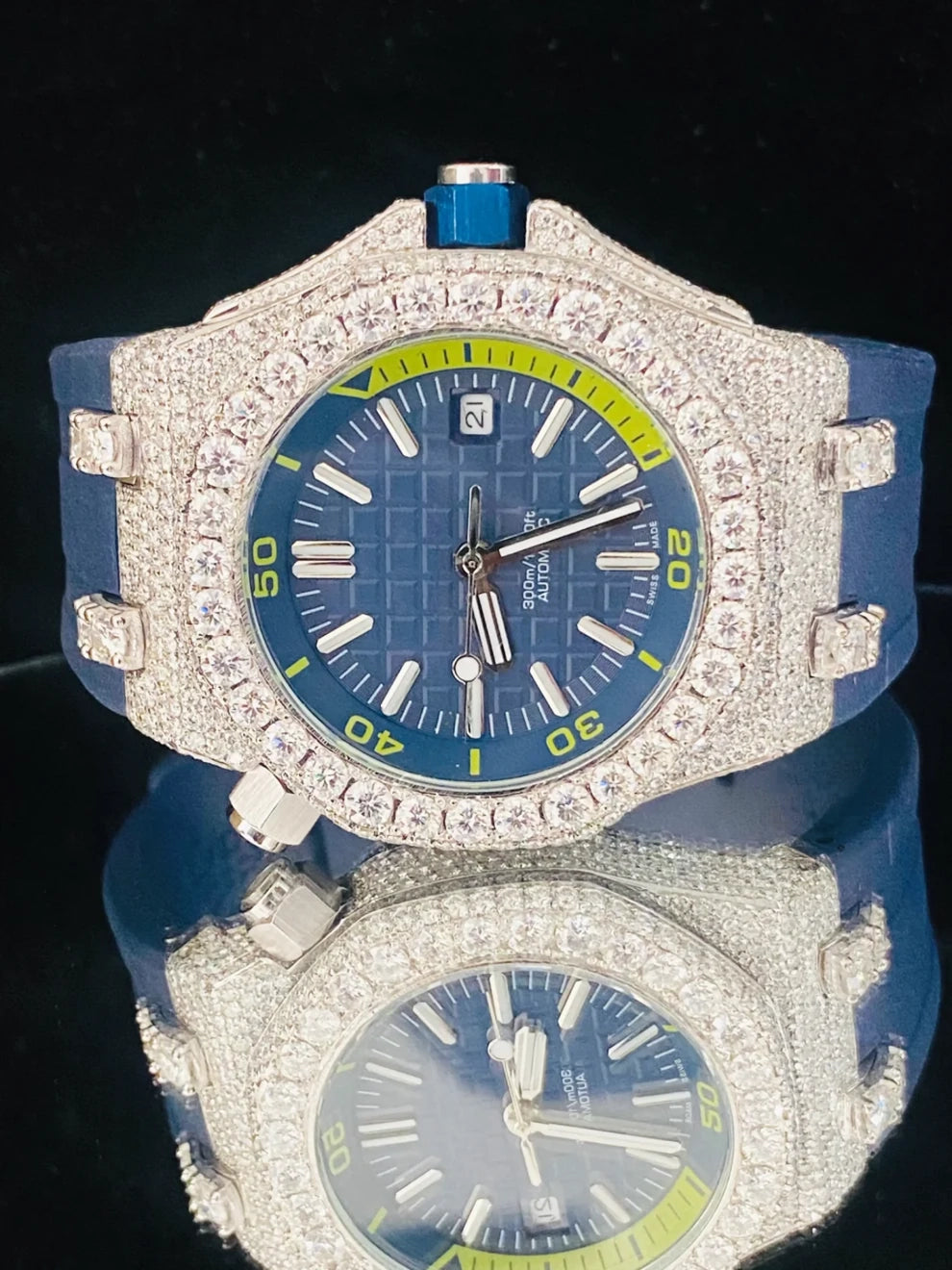 Dark Royal Blue Silicon Rubber Strap Bezel Dial Moissanite Watch