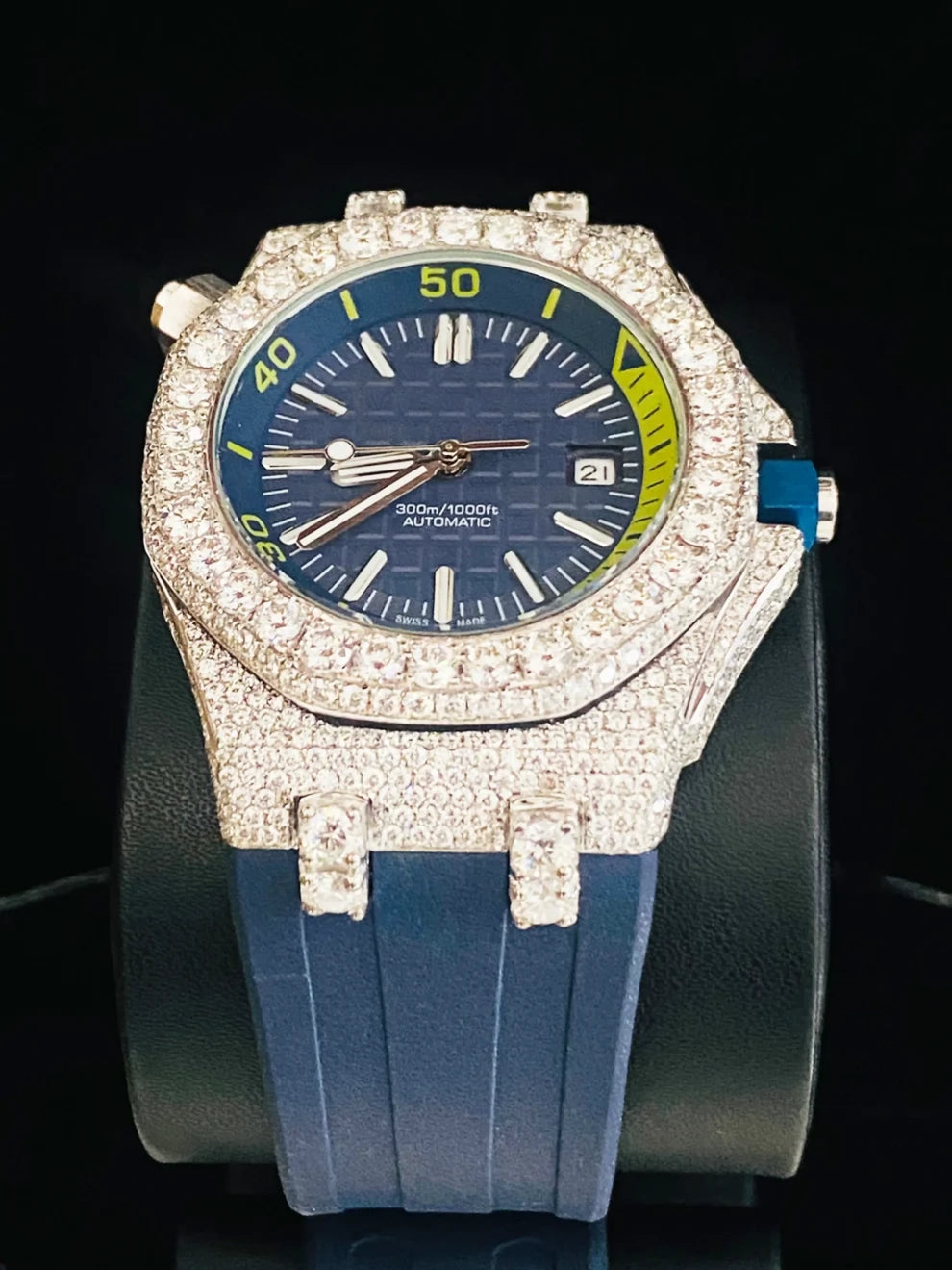 Dark Royal Blue Silicon Rubber Strap Bezel Dial Moissanite Watch