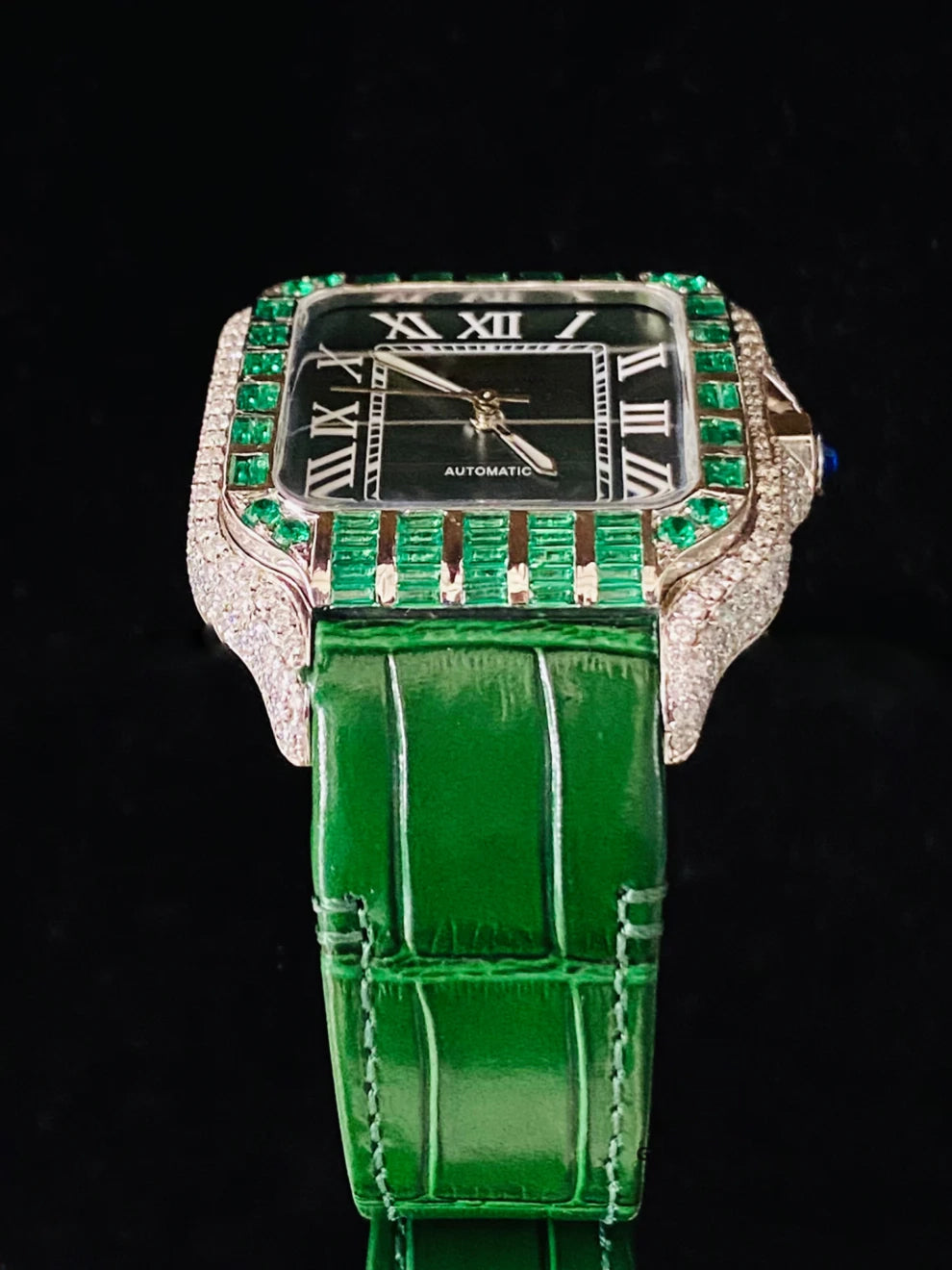 Dark Green Lather Belt Moissanite Roman Number Watch