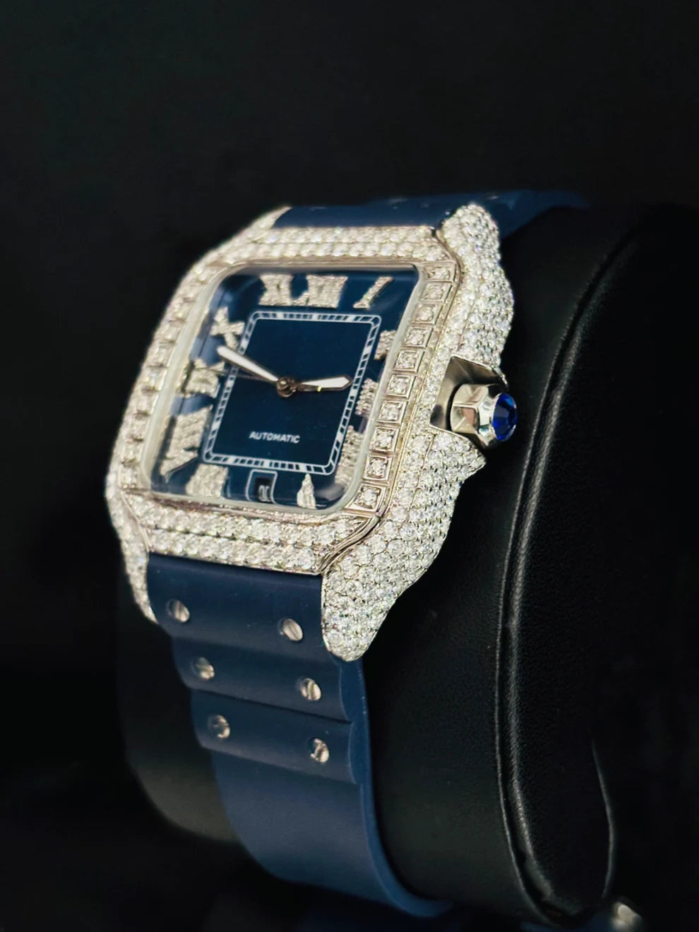 Silicone Rubber Strap and Blue Bezel Dial Moissanite Watch