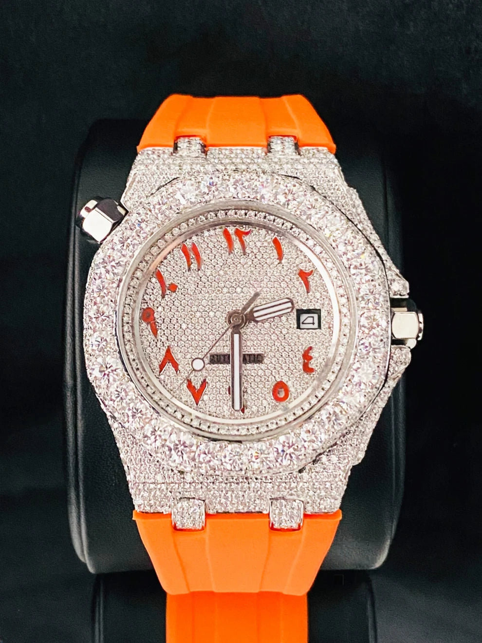 Orange Silicone Belt Bling Fully Iced Out Diamond Watch