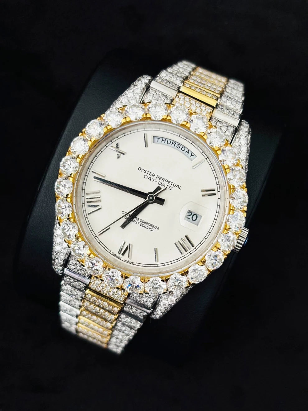 Dual Tone White Dial Roman Number Moissanite Watch