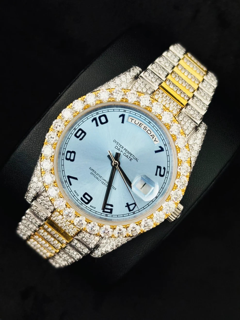 Dual Tone Day Date Sky Blue Dial Moissanite Watch
