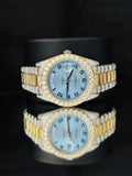 Dual Tone Day Date Sky Blue Dial Moissanite Watch