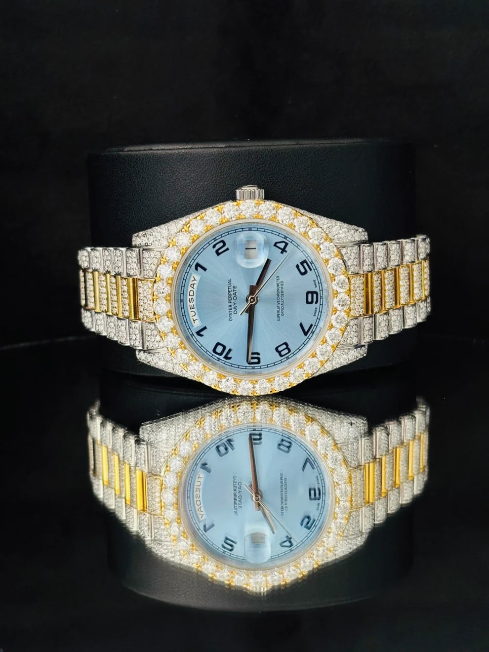 Dual Tone Day Date Sky Blue Dial Moissanite Watch