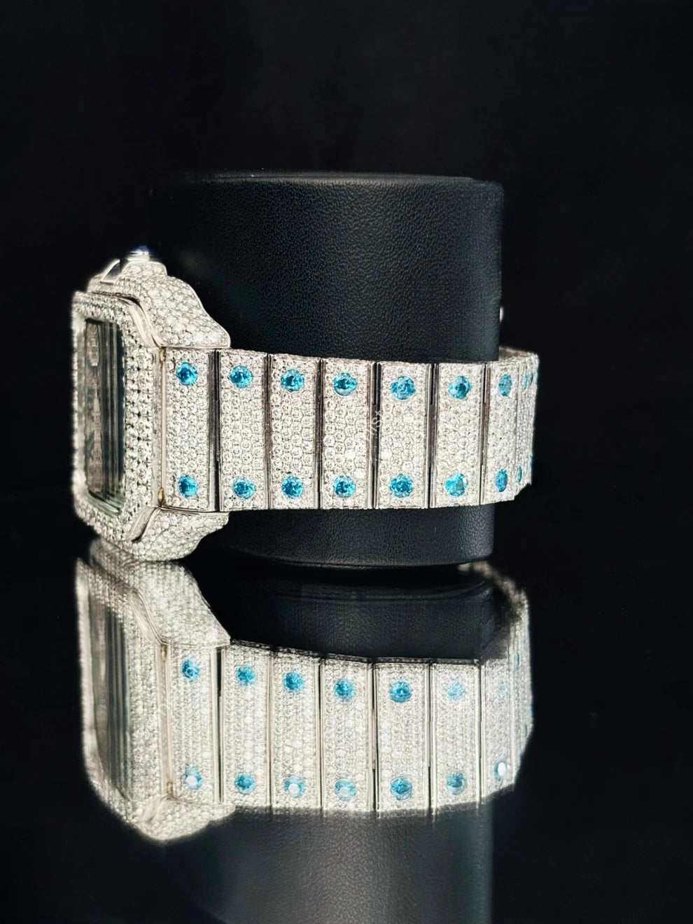Men Sky Blue Roman Number Fully Studded Moissanite Watch