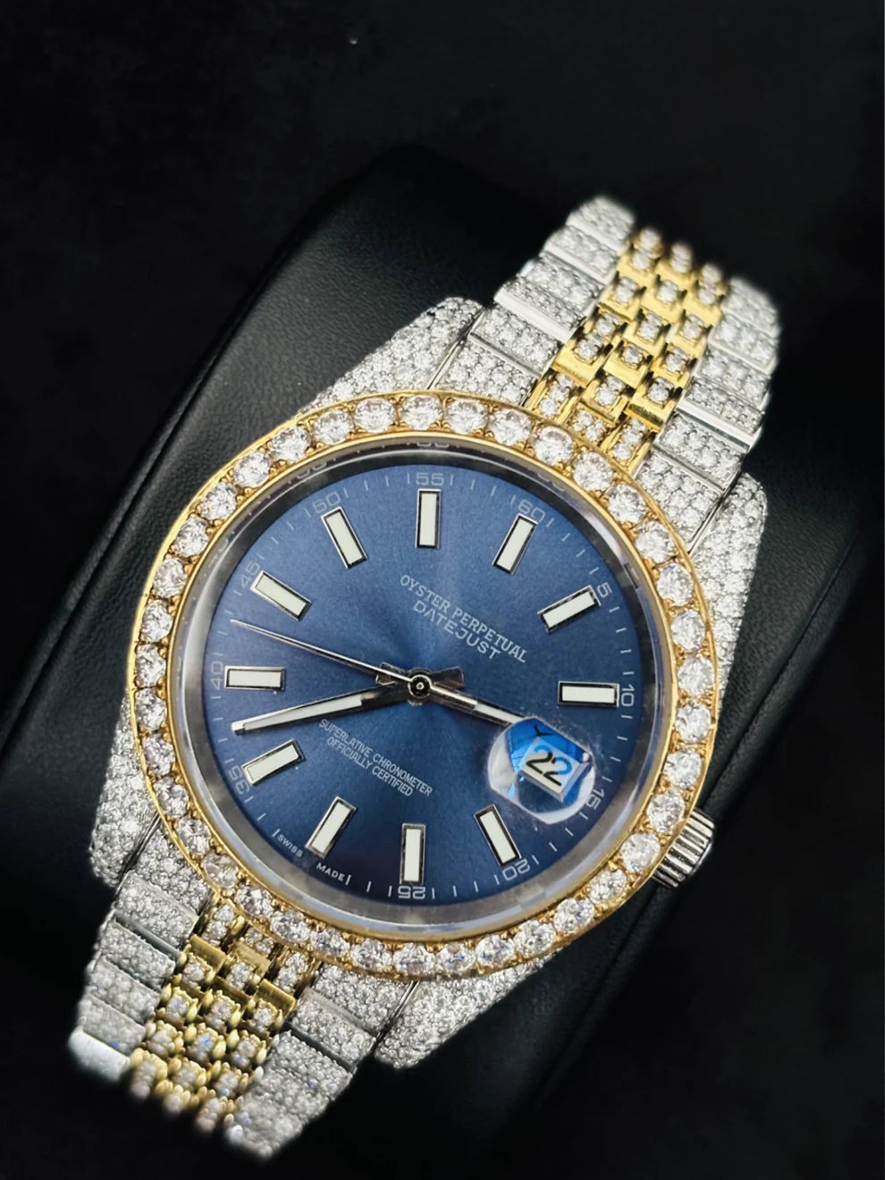 Dual Tone Blue Dial Moissanite Watch With Jubilee Belt