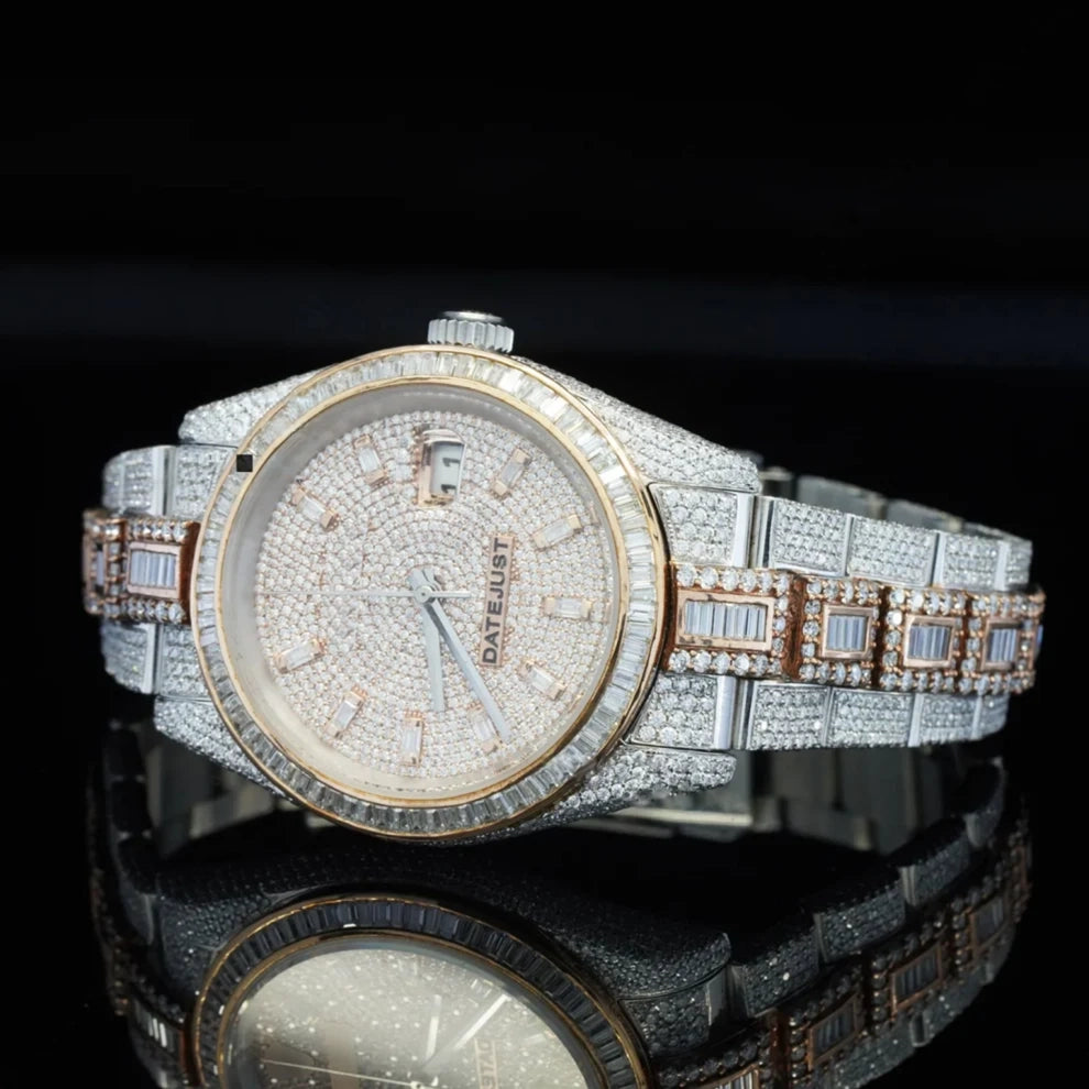 Men's Round Cut & Baguette Bar Moissanite VVS Bust Down Watch