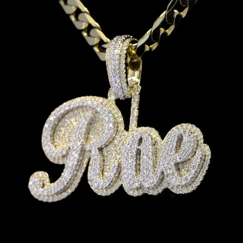 front view Custom iced-out hip hop nameplate pendant reading "Rae" with a diamond bail on a gold cuban link chain