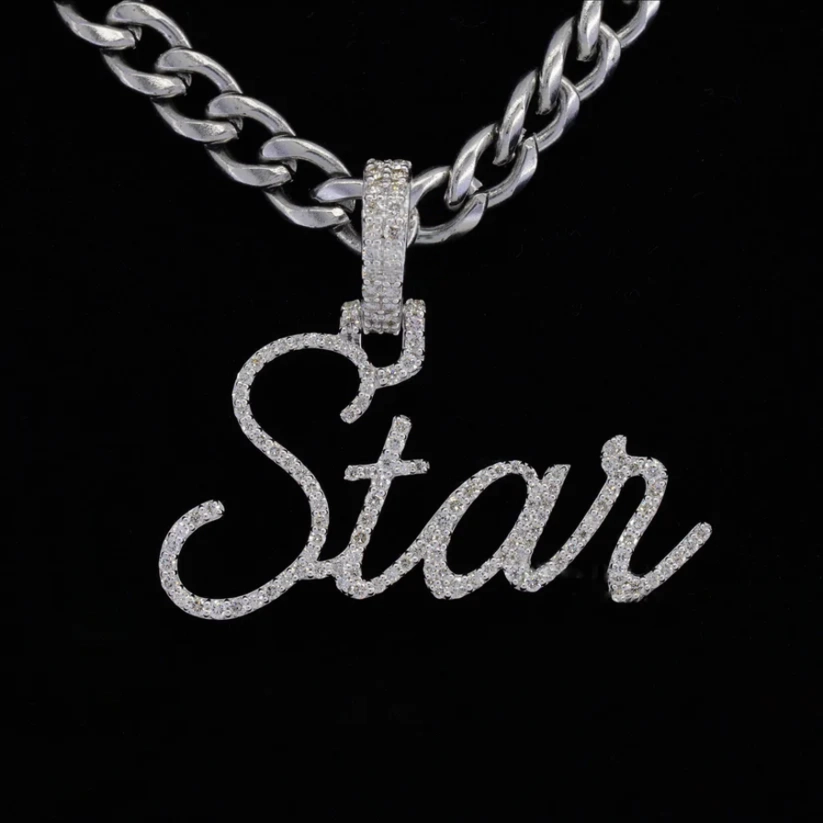 front view Custom iced out Star name pendant necklace in white gold with diamond cursive script on a cuban link chain