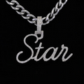 front view Custom iced out Star name pendant necklace in white gold with diamond cursive script on a cuban link chain