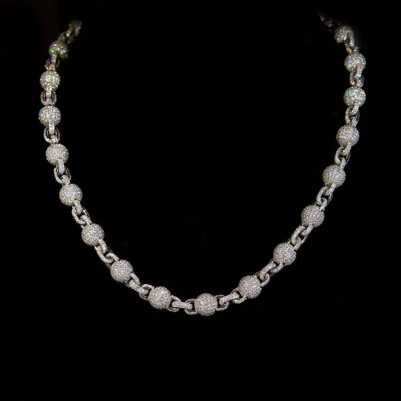 Diamond iced out ball chain necklace with pave crystal spheres and interlocking links