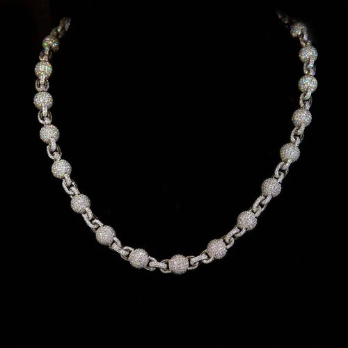 Diamond iced out ball chain necklace with pave crystal spheres and interlocking links
