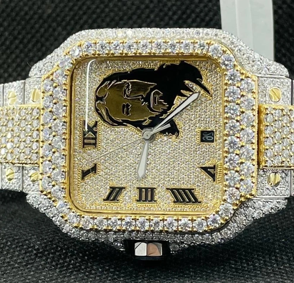 Trendy Jesus Face Fully Bust Down Moissanite Two Tone Wrist Watch