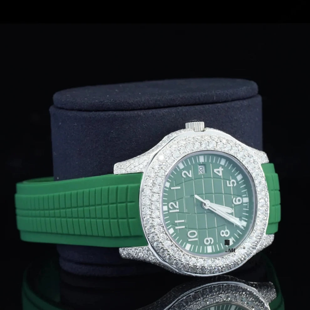 Green Silicon Belt Digit Dial Automatic Moissanite Wrist Watch