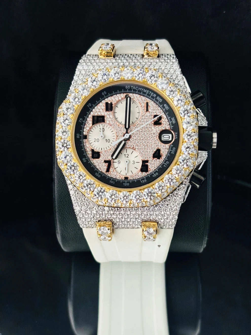 Pink & White Two Tone Multi Chrono Moissanite Watch