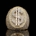 front view of the dollar sign ring encrusted with round and baguette diamonds