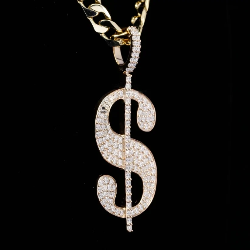Gold iced-out dollar sign pendant necklace with iced bail on a cuban link chain.