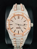 front view of the AP Royal Oak rose gold watch fully iced out with diamonds