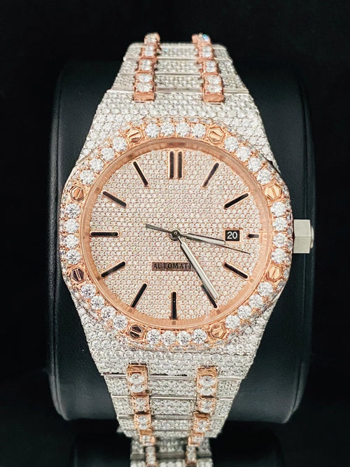 front view of the AP Royal Oak rose gold watch fully iced out with diamonds