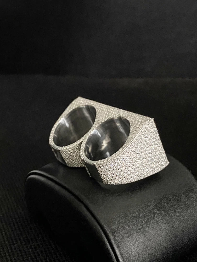 iced out silver double finger ring with pave diamonds hip hop jewelry
