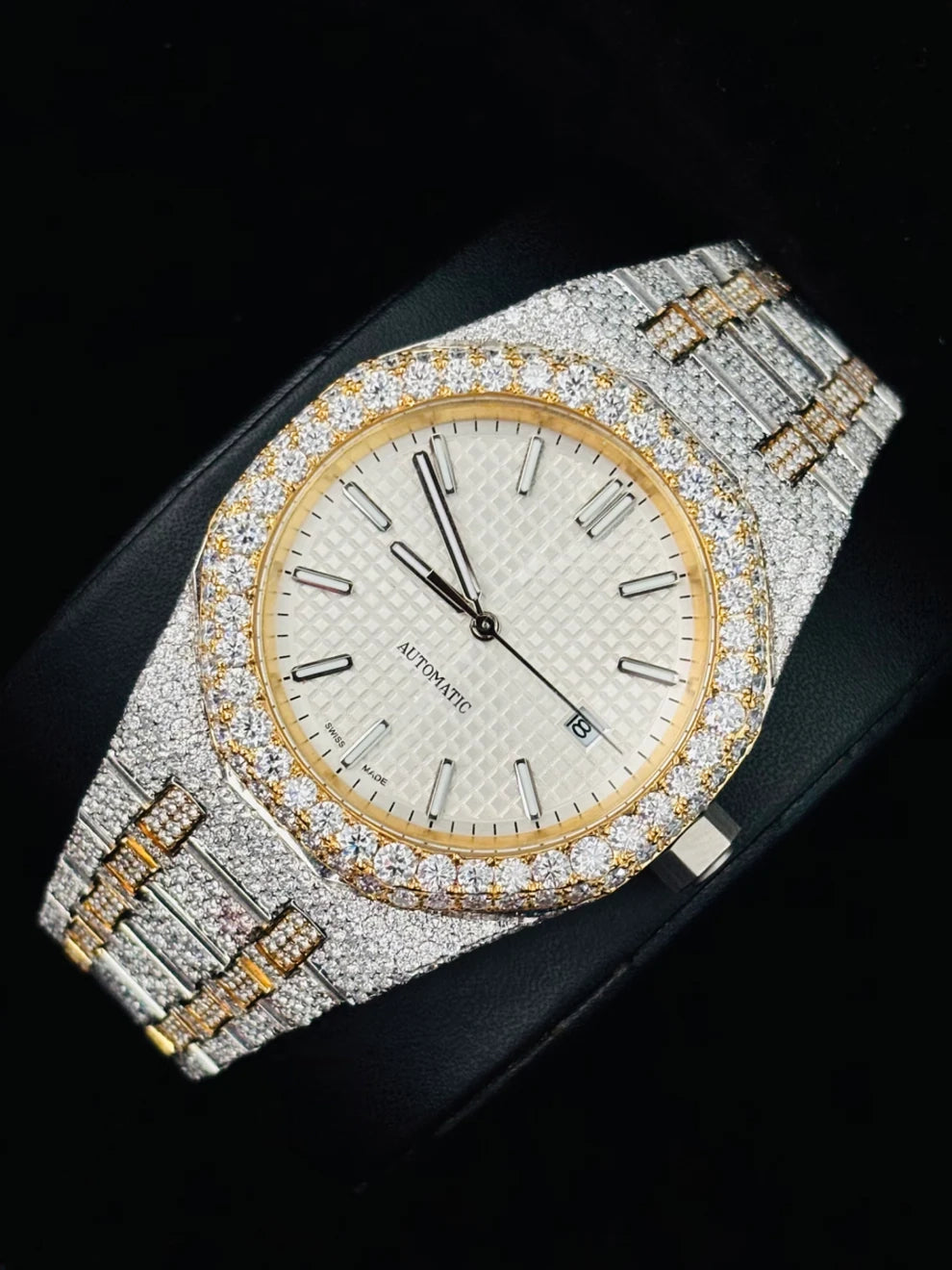 White Dial Two Tone Moissanite Diamond Studded Watch