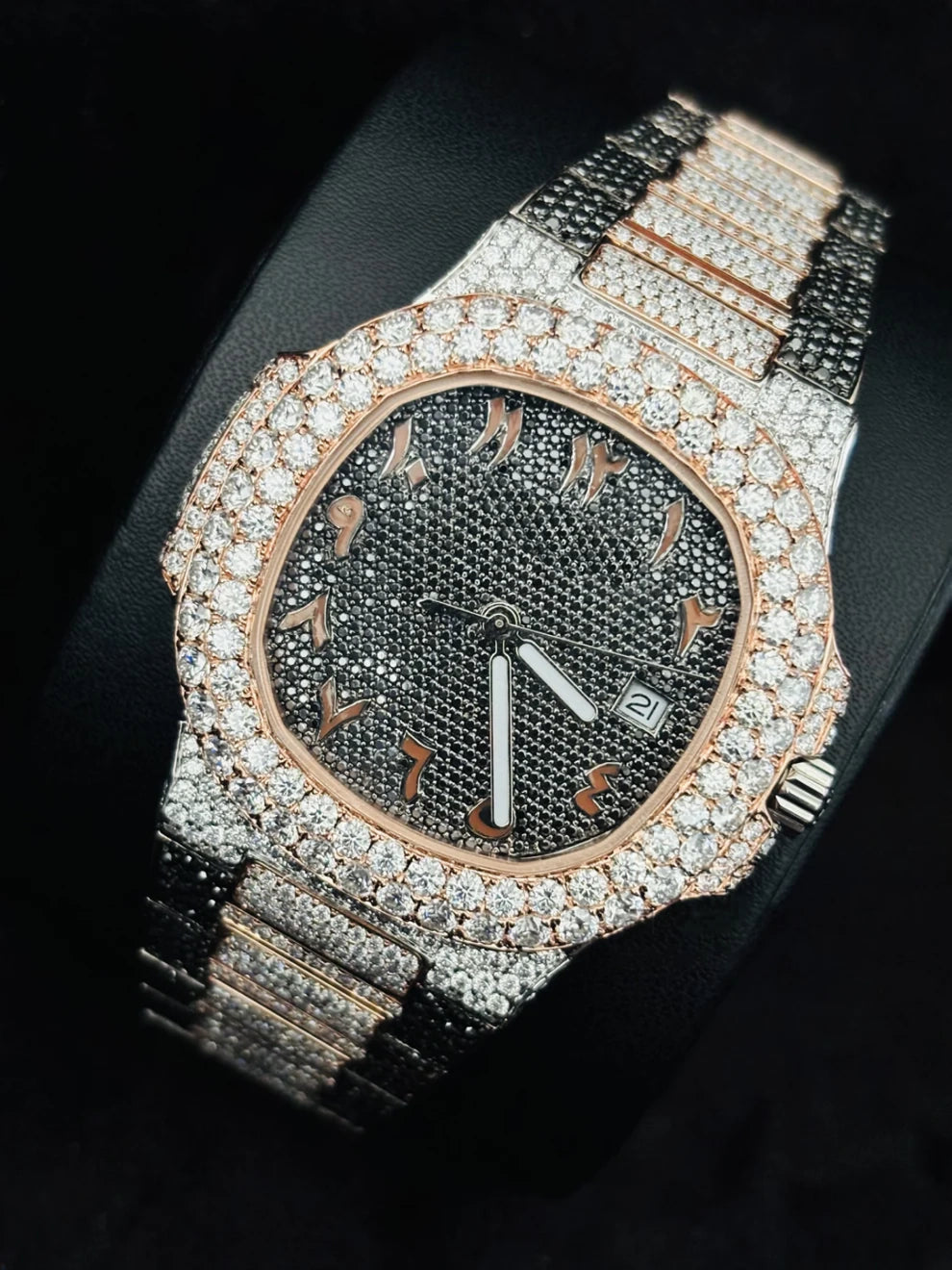 Dual Tone Black & White Diamond Iced Out Moissanite Watch